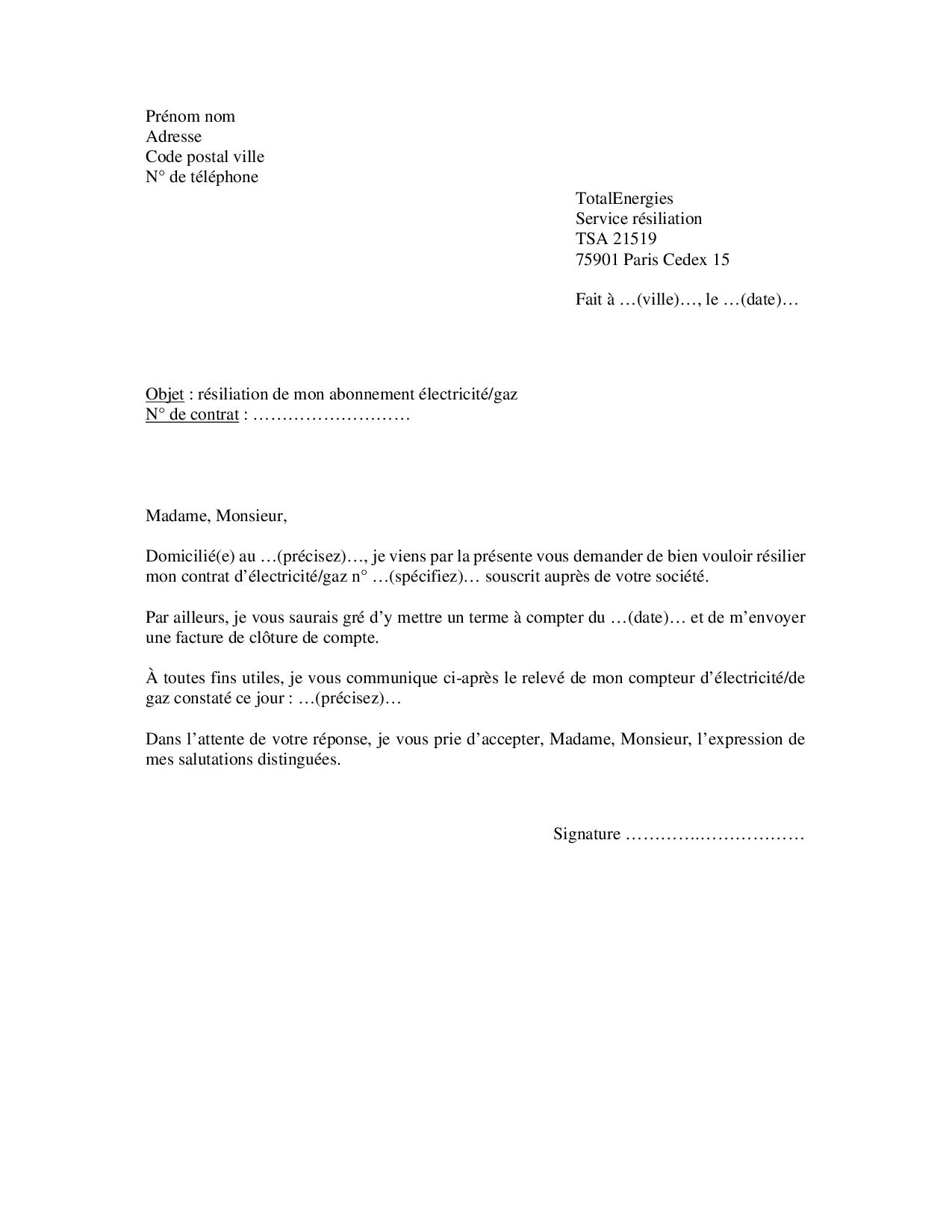 Modèle lettre pour résilier contrat TotalEnergies