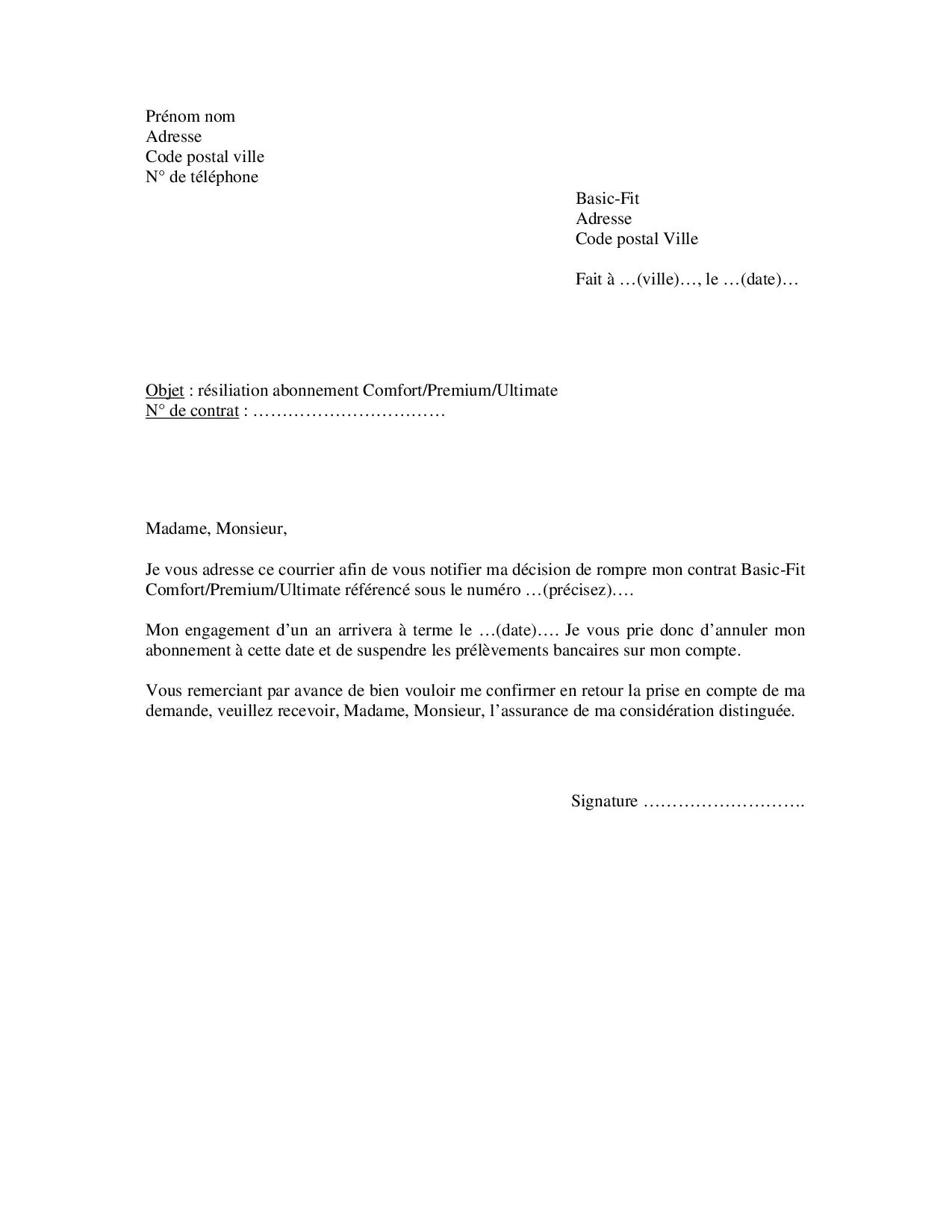 Exemple courrier résilier Basic-Fit