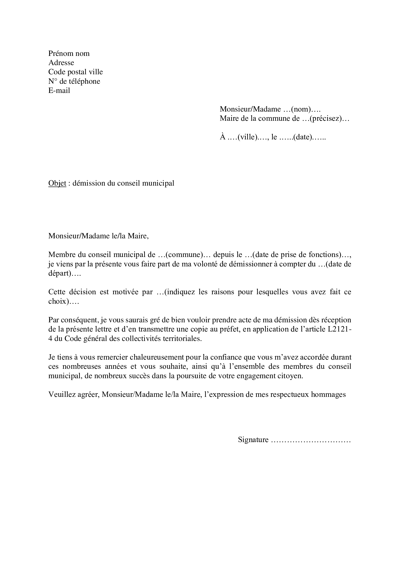 Lettre démission conseil municipal adresser maire