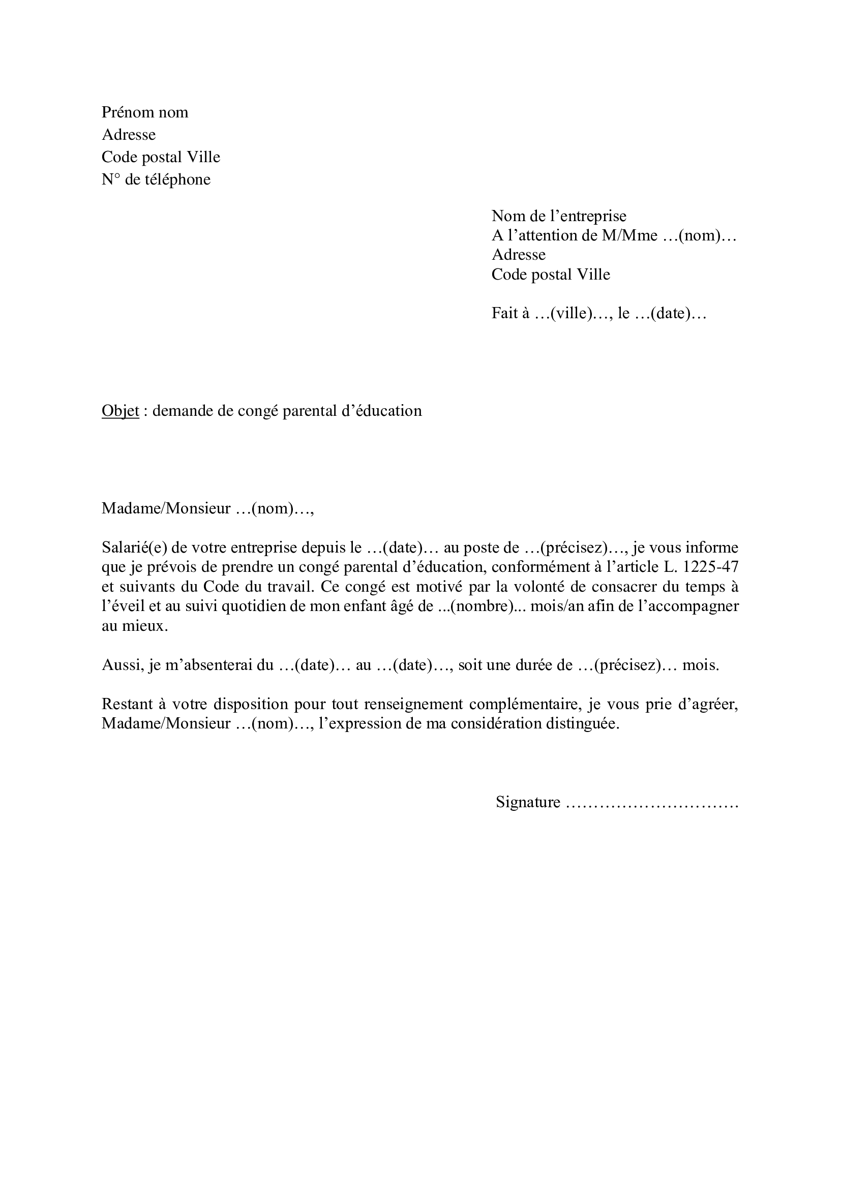 Modèle demande congé parental d'éducation temps plein
