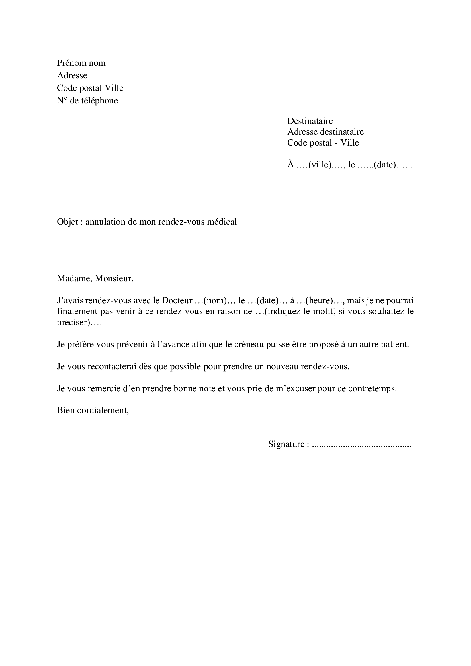 Modèle de lettre pour annuler un rendez-vous médical