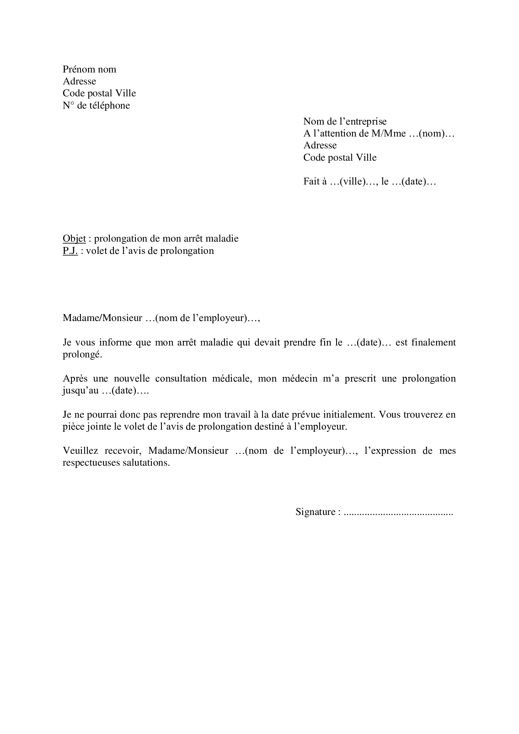 Modèle de lettre pour informer l’employeur d’une prolongation d’arrêt maladie