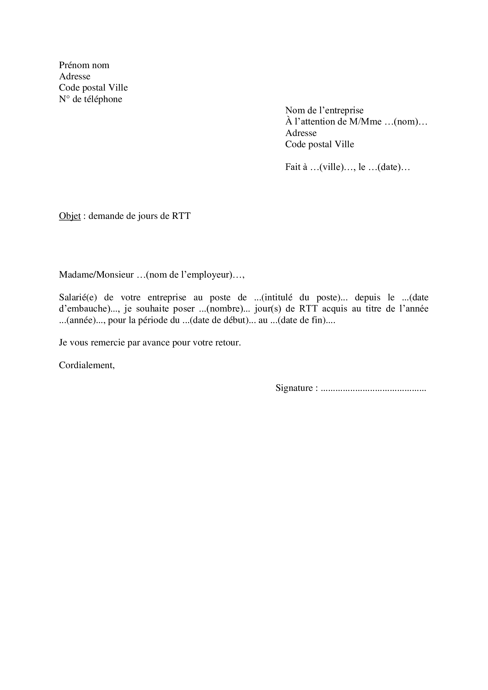 Modèle de lettre pour demander des jours de RTT à l’employeur