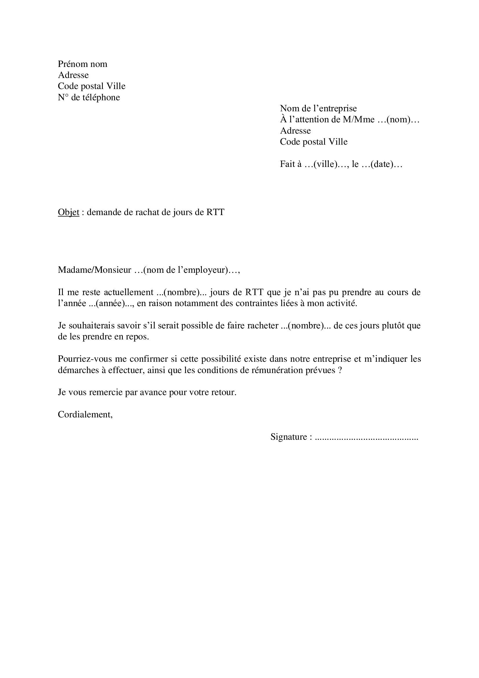 Modèle de lettre pour demander le rachat de jours de RTT non pris